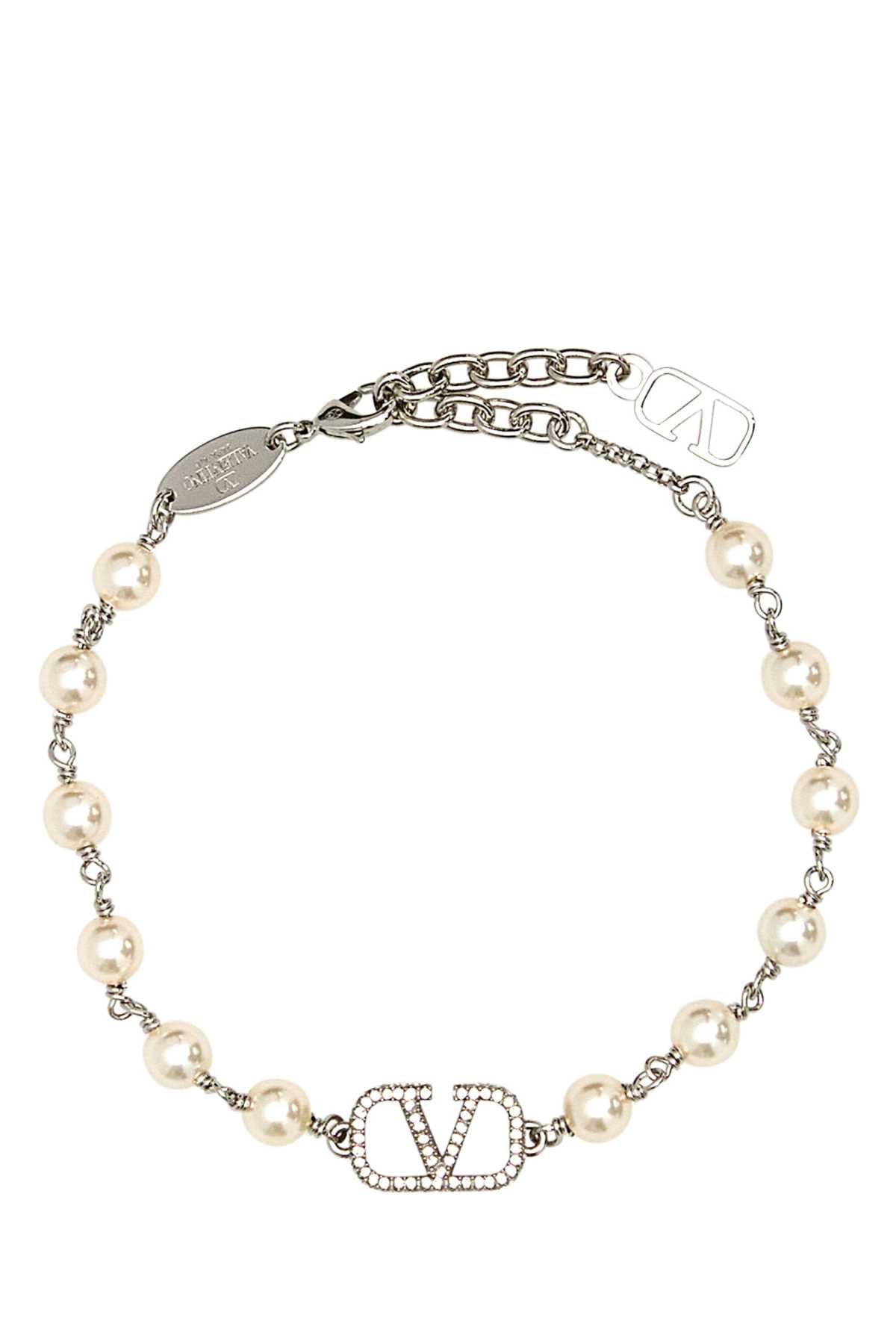 VALENTINO GARAVANI Elegant Two-tone Metal and Pearl VLogo Bracelet - Adjustable Size