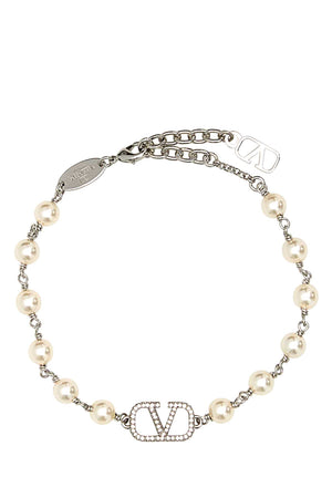 VALENTINO GARAVANI Elegant Two-tone Metal and Pearl VLogo Bracelet - Adjustable Size