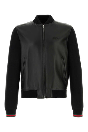 GUCCI Black Nappa Leather and Knit Bomber Jacket