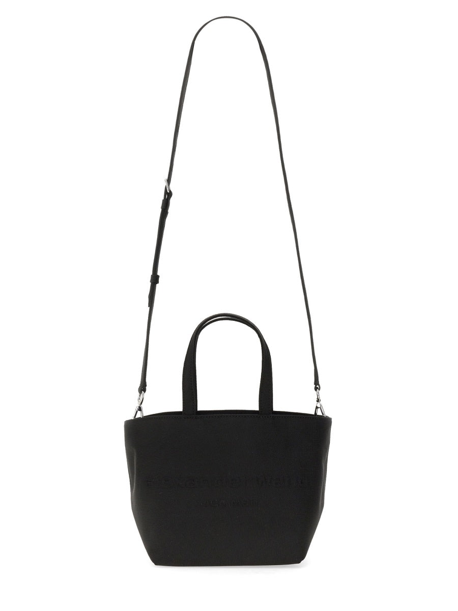 ALEXANDER WANG Mini Punch Tote Handbag in Black Nylon Canvas with Embossed Logo, Detachable Strap, and Multiple Pockets - 29x16x16cm