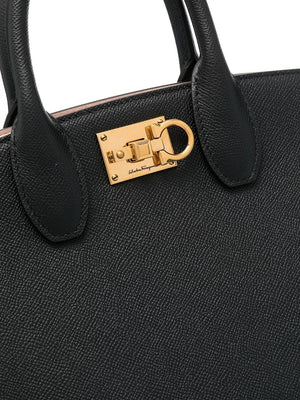 FERRAGAMO Black Calf Leather Top-Handle Handbag for Women with Gold-Colored Details and Gangini Plaque