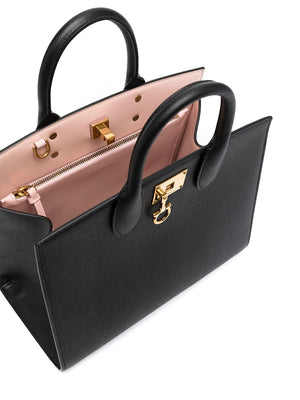 FERRAGAMO Black Calf Leather Top-Handle Handbag for Women with Gold-Colored Details and Gangini Plaque