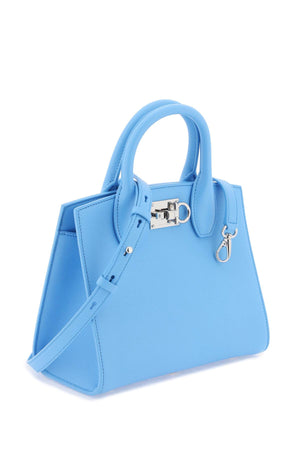 FERRAGAMO Blue Hammered Leather Handbag with Iconic Gancini Hook Motif