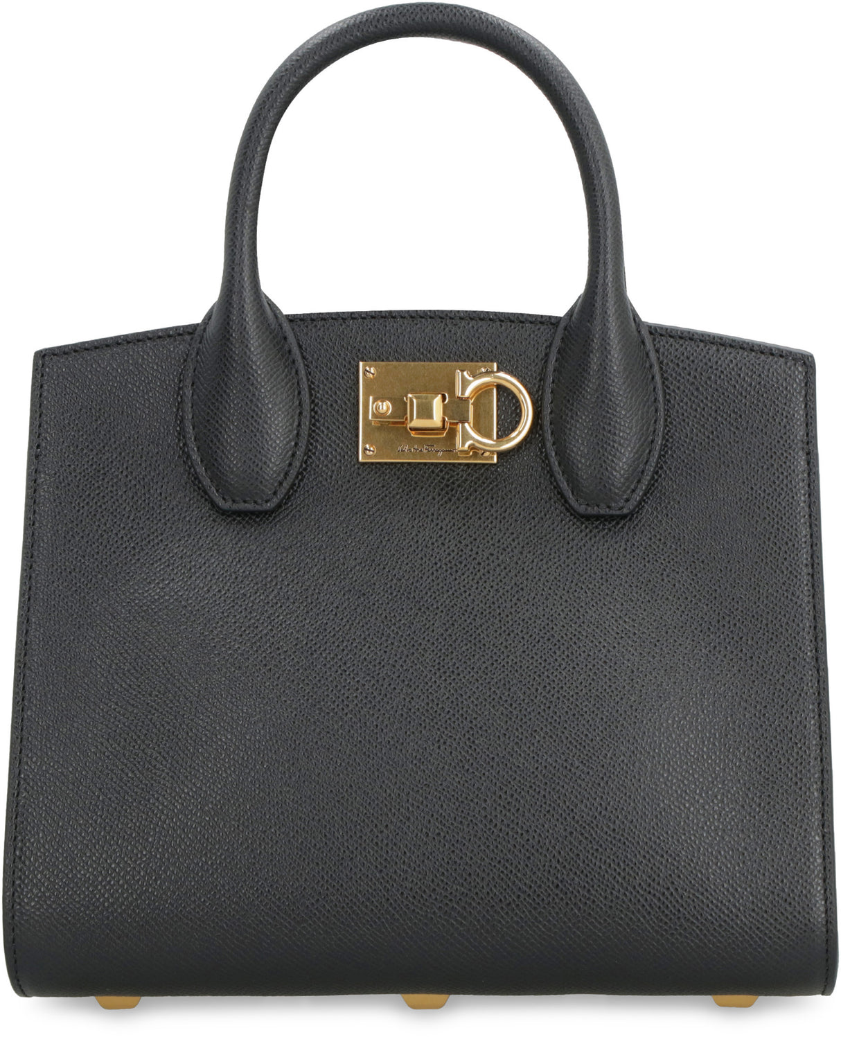 FERRAGAMO Classic Black Mini Leather Handbag with Gold-Tone Hardware and Removable Strap - 22x18 cm