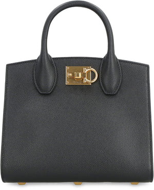 FERRAGAMO Classic Black Mini Leather Handbag with Gold-Tone Hardware and Removable Strap - 22x18 cm