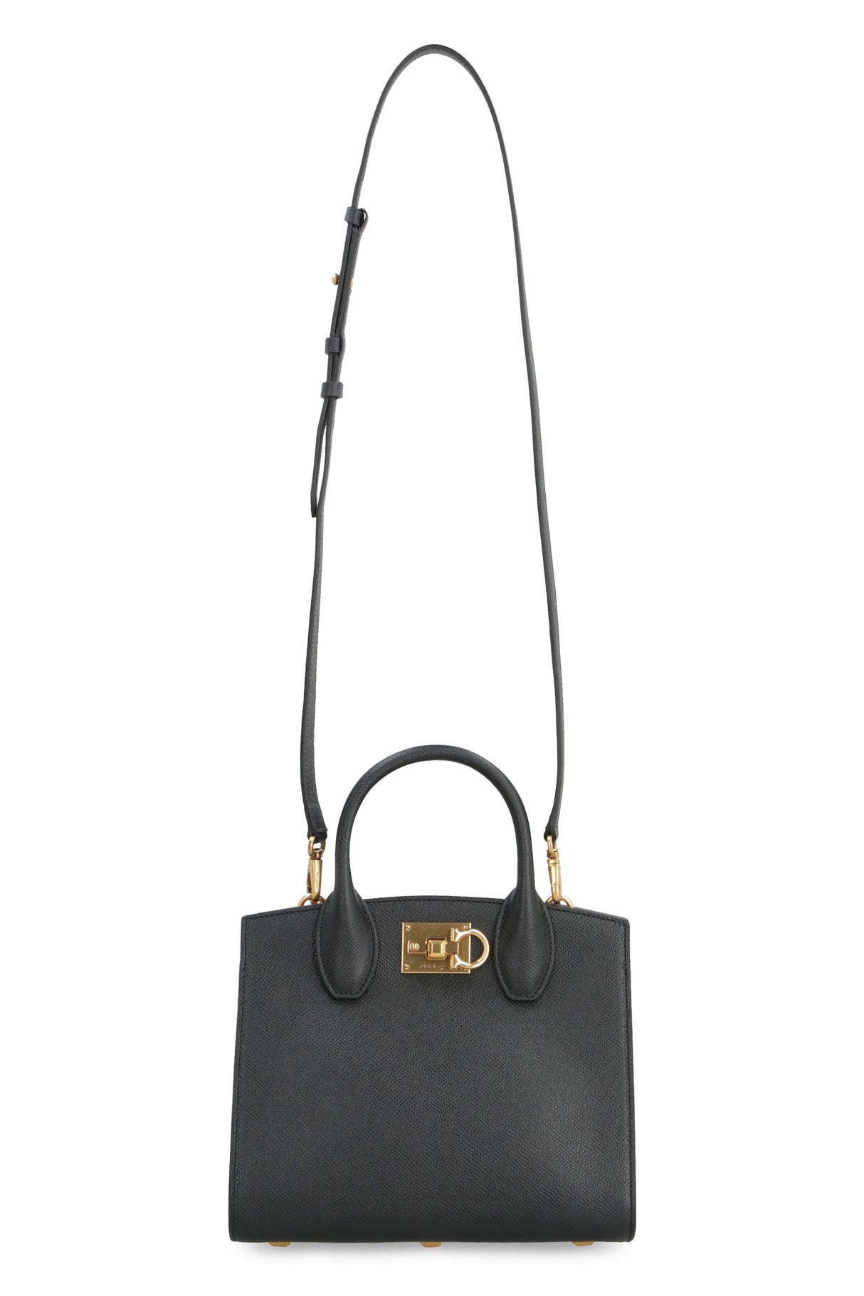 FERRAGAMO Classic Black Mini Leather Handbag with Gold-Tone Hardware and Removable Strap - 22x18 cm