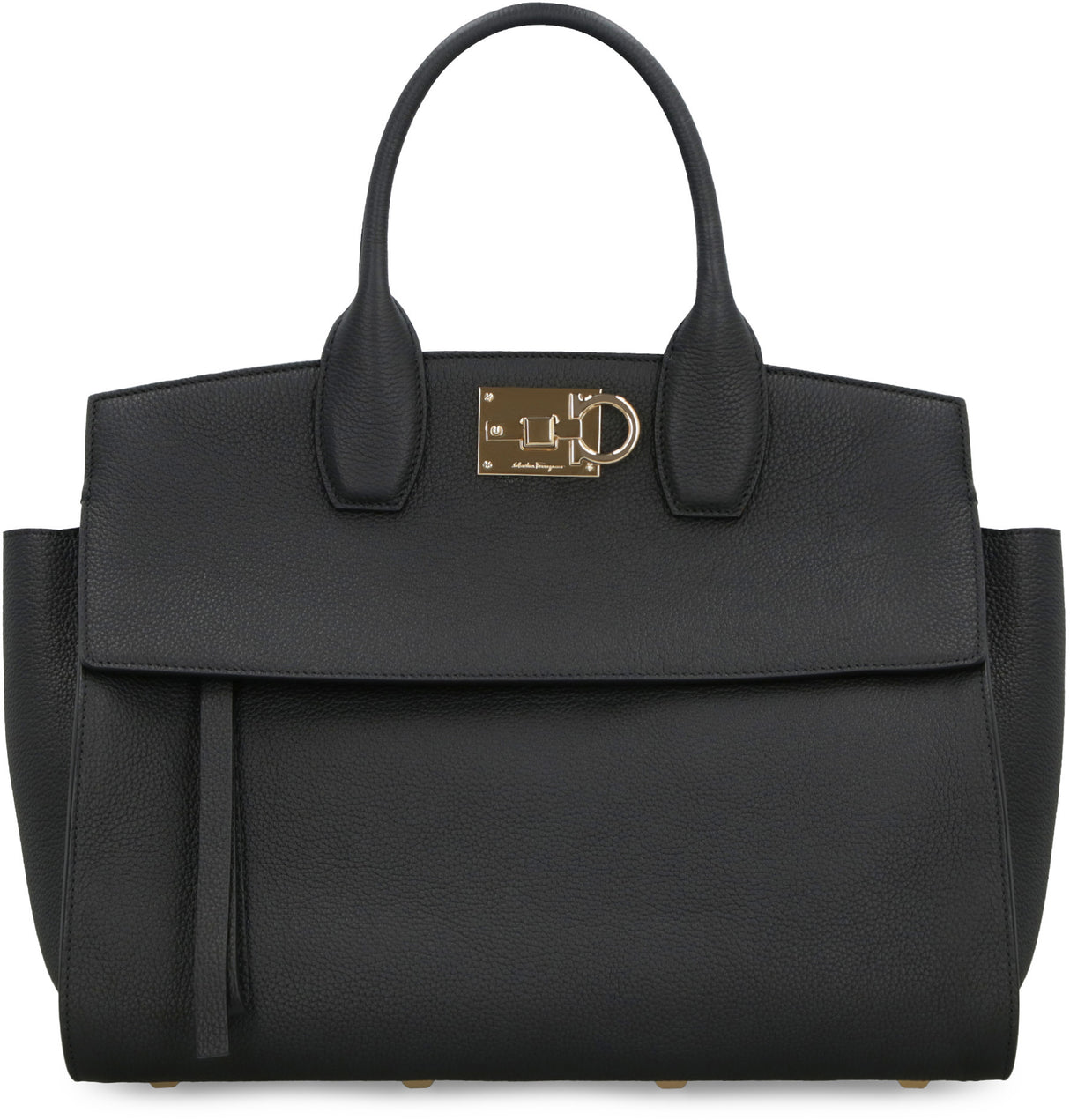 FERRAGAMO Studio Soft Leather Handbag - Black Calfskin, Gold-Tone Hardware, Adjustable Strap