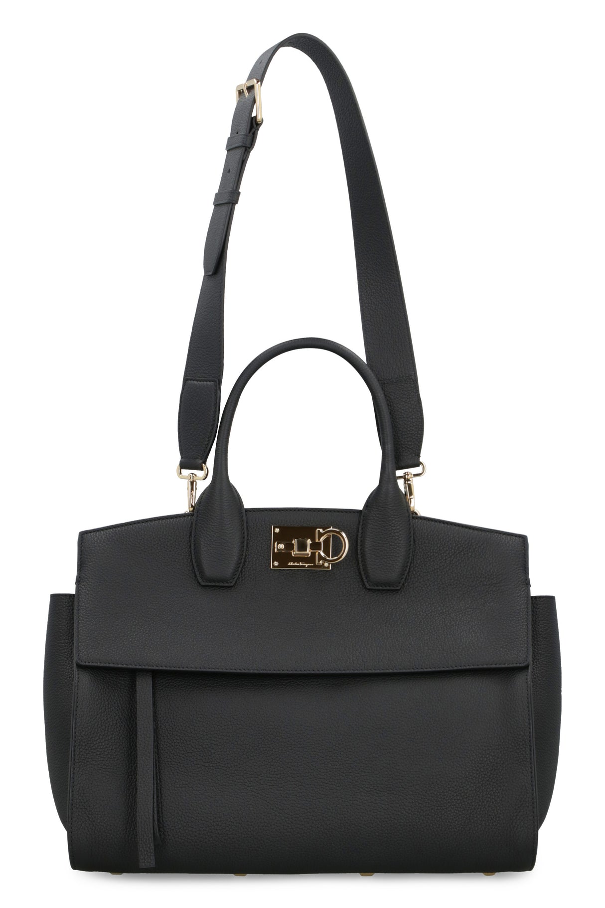 FERRAGAMO Studio Soft Leather Handbag - Black Calfskin, Gold-Tone Hardware, Adjustable Strap