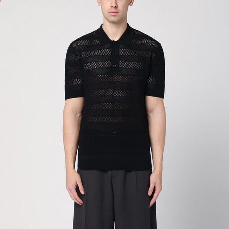 DRIES VAN NOTEN Short Sleeve Polo in Striped Mesh Knit