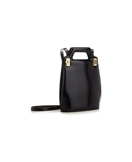 FERRAGAMO Mini Wanda Black Leather Bucket Tote for Women, FW23