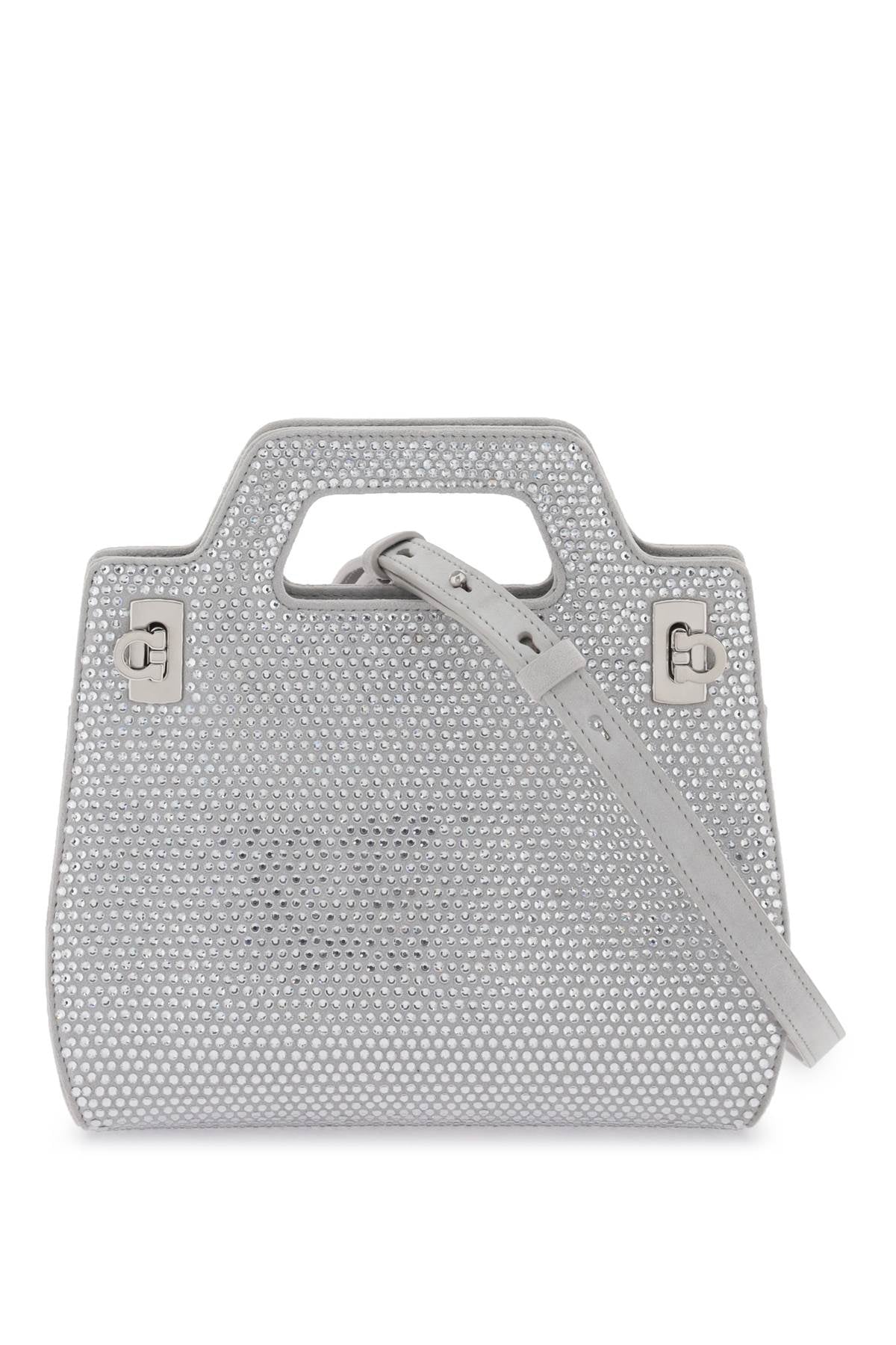 FERRAGAMO Crystal-Studded Suede Mini Handbag with Geometric Design & Silver Accents - Gray