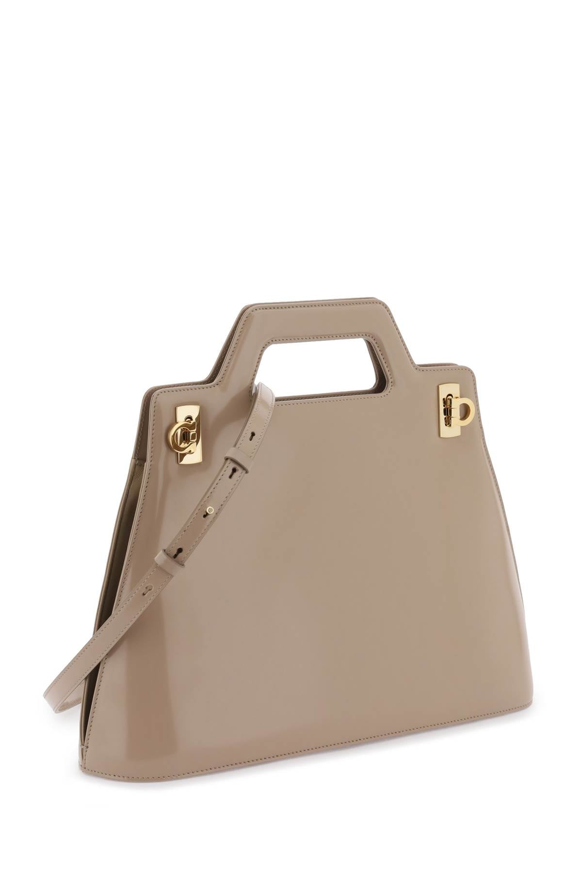 Beige Geometric Handbag with Gold Hardware