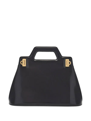 高級な黒いレザーハンドバッグ-特別なデザインとゴールドのディテール