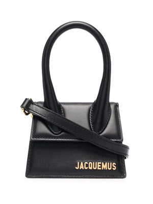 JACQUEMUS Black Leather Mini Handbag with Oversized Handle and Magnetic Flap Closure