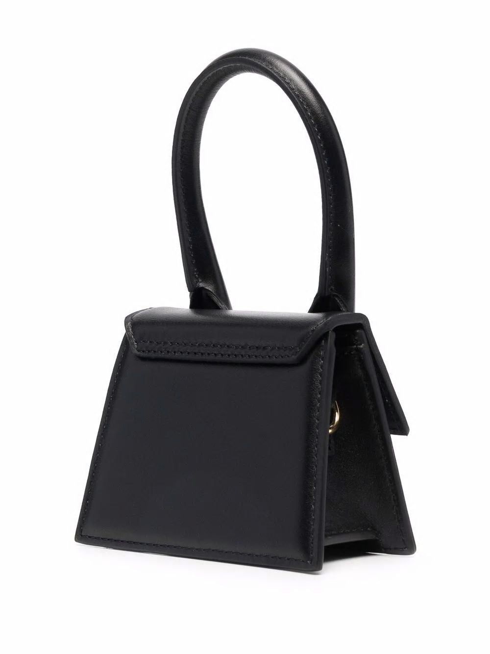 JACQUEMUS Black Leather Mini Handbag with Oversized Handle and Magnetic Flap Closure