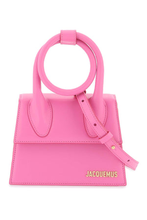 Túi xách mini da màu hồng với tay cầm nút thắt và phụ kiện mạ vàng