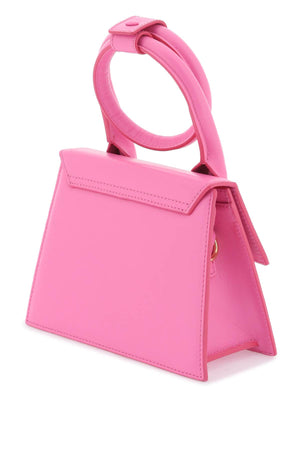 Túi xách mini da màu hồng với tay cầm nút thắt và phụ kiện mạ vàng