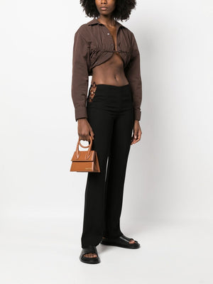 JACQUEMUS Brown Leather Shoulder Handbag with Gold-Tone Logo and Top Handle for Women