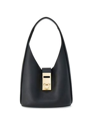 FERRAGAMO Jet Black Grained Leather Medium Hobo Handbag with Gancini Buckle and Removable Pouch