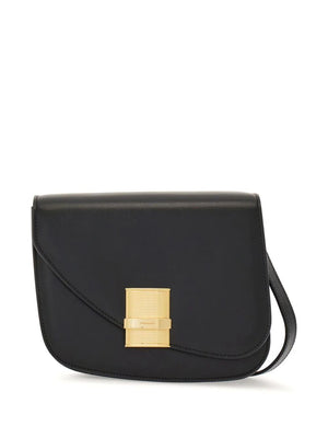 FERRAGAMO Asymmetric Foldover Crossbody Bag in Black Calf Leather for Women