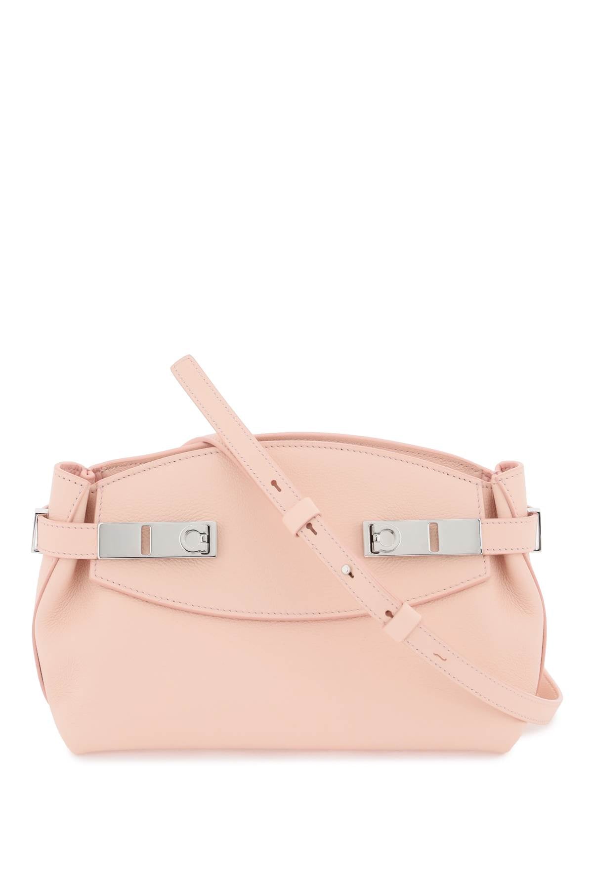 粉色紋理皮革袋子手袋，可調節帶和標誌性Gancini扣環