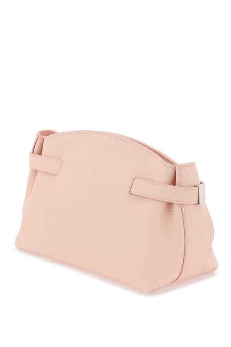 粉色紋理皮革袋子手袋，可調節帶和標誌性Gancini扣環