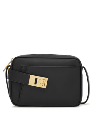 FERRAGAMO Black Leather Mini Camera Bag with Gancini Buckle and Adjustable Strap for Women SS24