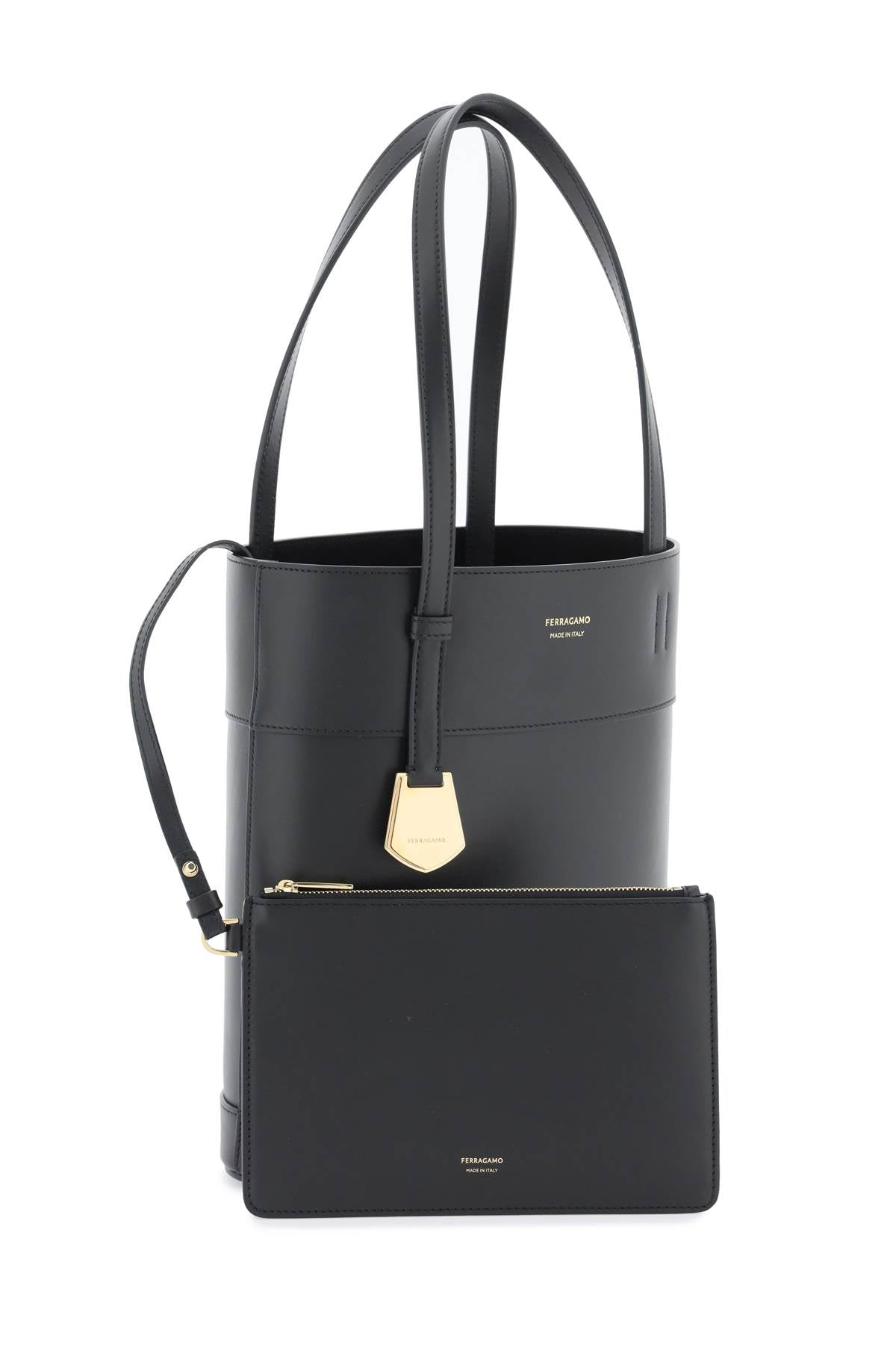 Rounded Edge Leather Tote Handbag with Gold Logo and Removable Pouch - SS24