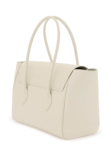 FERRAGAMO Large White Grained Leather Tote with Gold Logo and Suede Interior