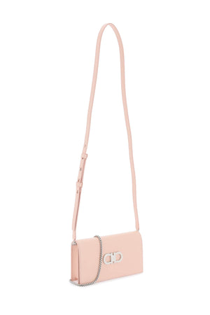 FERRAGAMO Mini Crossbody Pink Leather Handbag with Silver Gancini Clasp and Convertible Strap