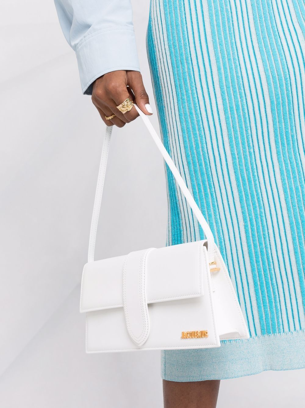 JACQUEMUS Bright White Leather Long Bambino Mini Tote with Gold-Tone Accents and Magnetic Clasp