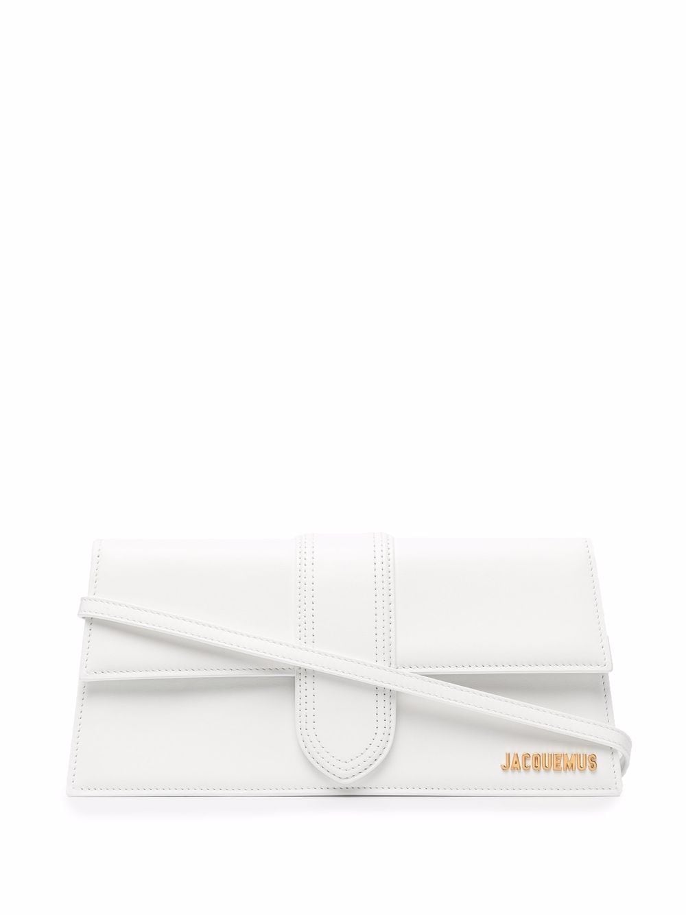 JACQUEMUS Bright White Leather Long Bambino Mini Tote with Gold-Tone Accents and Magnetic Clasp