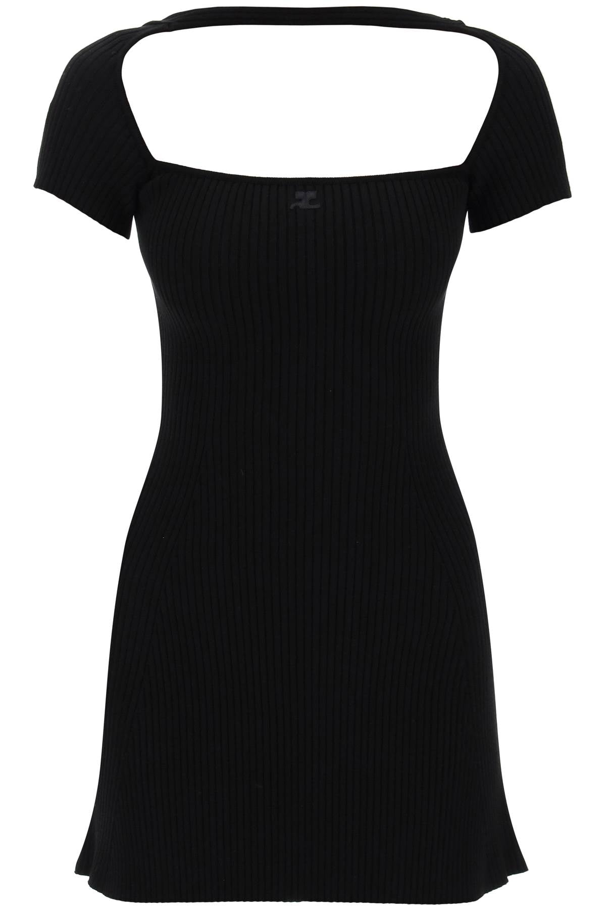 女性用ブラックリブTシャツドレス - トーン刺繍ロゴ付きフレアシルエット