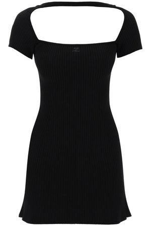 女性用ブラックリブTシャツドレス - トーン刺繍ロゴ付きフレアシルエット