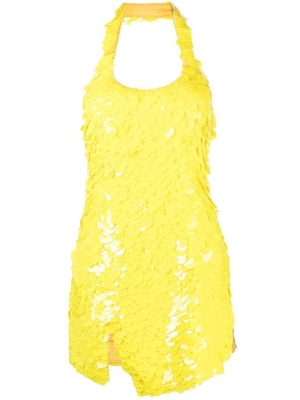 فستان مصمم من الريش اللامع باللون الأصفر للنساء