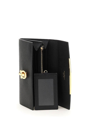 FERRAGAMO Gancini Hook Continental Wallet in Grained Leather with Clip Closure and Central Zipper Pocket