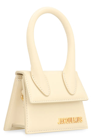 Ivory Leather Handbag with Stiff Handle and Gold-Tone Hardware