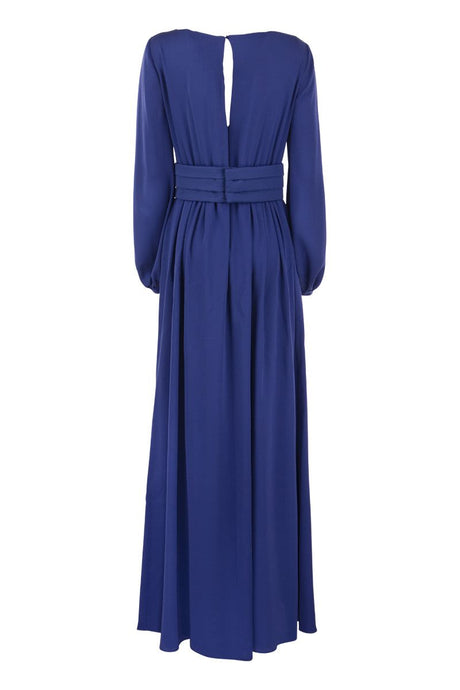 Blue Silk Georgette Dress with Waist Cinching Band - Long Sleeves, V-Neck, and Flared Skirt