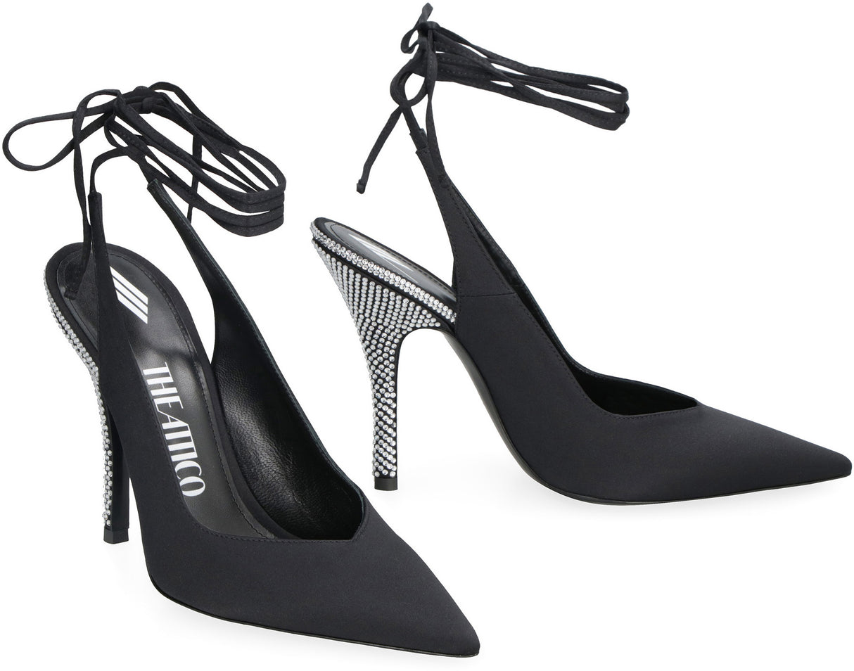 THE ATTICO Black Satin Slingback Pumps with Rhinestone-Covered Heel and Knotted Ankle Lace for Women