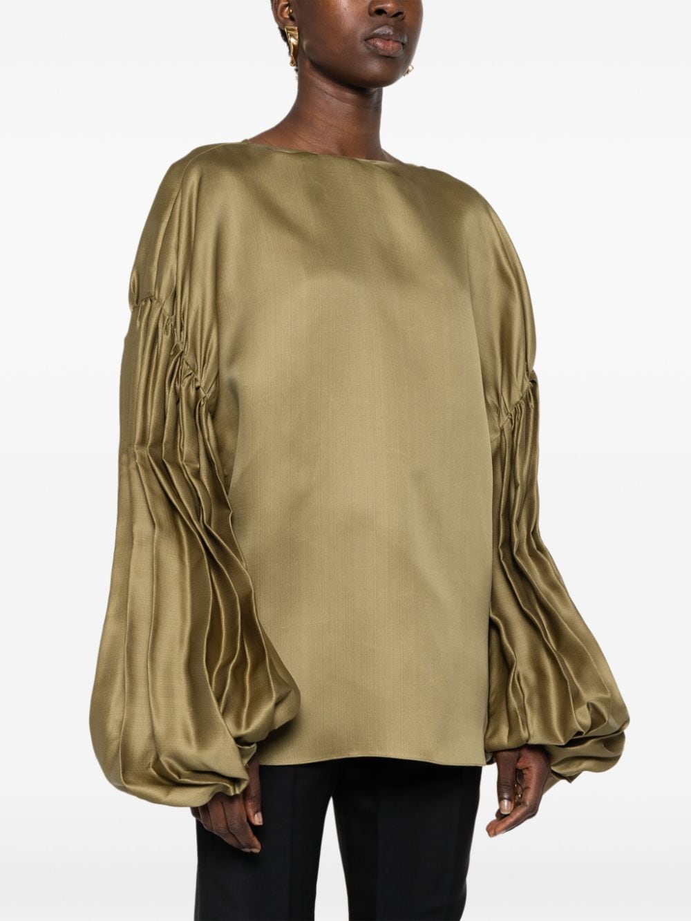 KHAITE Silk Boat Neck Top with Pleated Long Sleeves