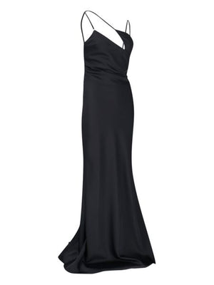 فستان ساتان أسود طويل غير متماثل للنساء - مجموعة SS23