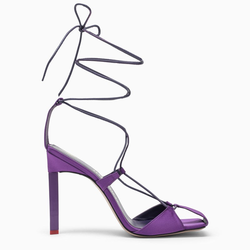紫色缎面高跟凉鞋 - 可调节带子、细高跟、方头、皮质鞋底