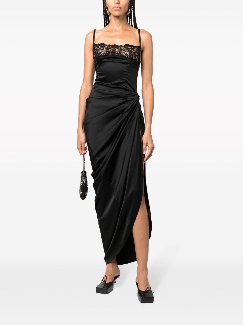 Floral-Embroidered Asymmetric Dress - Black