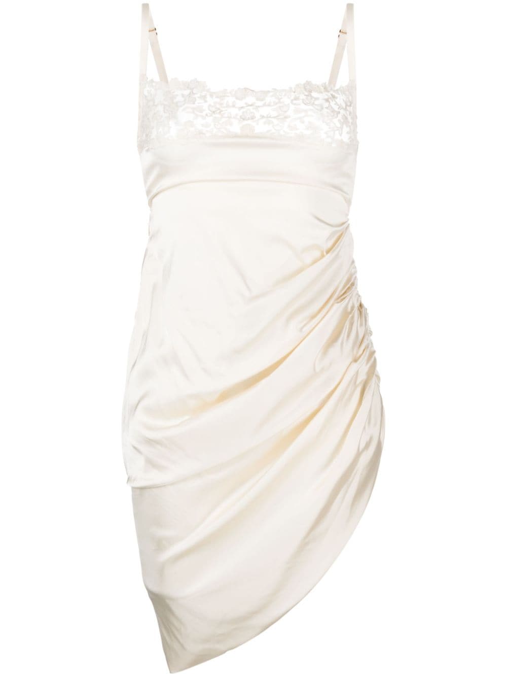 فستان أبيض غير متماثل بتفاصيل دانتيل ورود