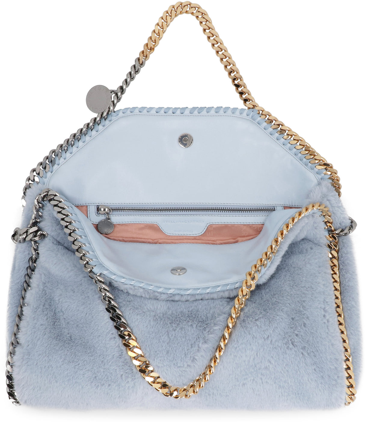 STELLA MCCARTNEY Light Blue Faux Fur Tote Bag for Women with Silver Chain Trim