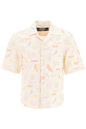 Men's Short Sleeve Shirt with Bowling Collar and Contrasting Logo Prints