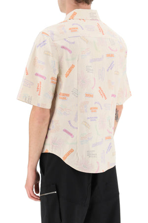 Men's Short Sleeve Shirt with Bowling Collar and Contrasting Logo Prints