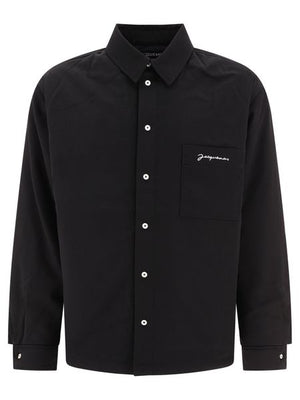 JACQUEMUS Men's Black Overshirt from FW23 Le Chouchou Collection - Loose Fit with Classic Collar and Logo Embroidery