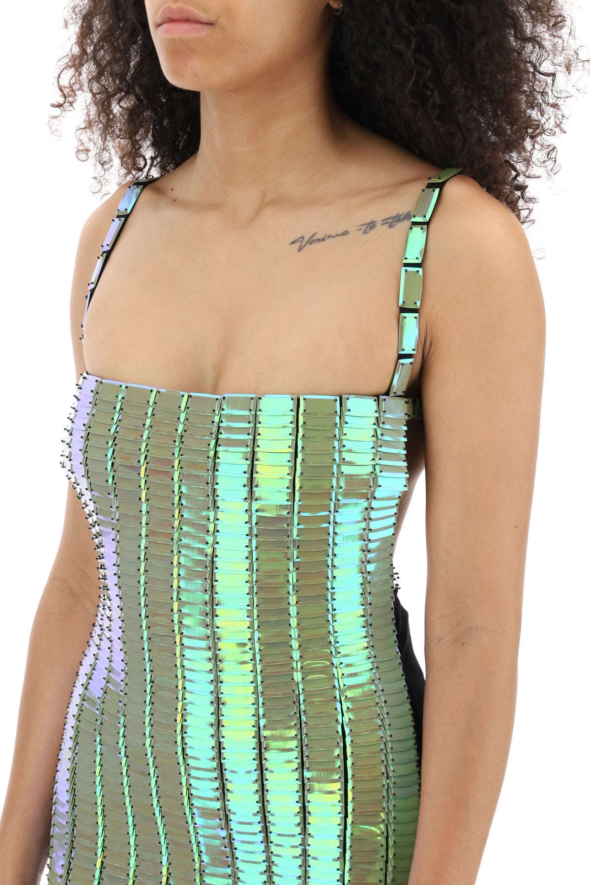 THE ATTICO Iridescent Green Metallic Mini Dress - Open Back, Back Zip - FW23