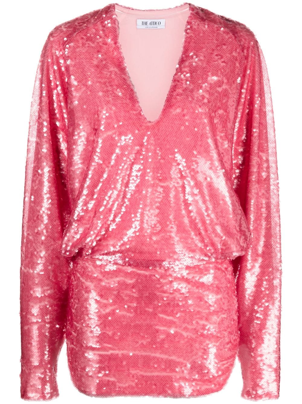 THE ATTICO Coral Pink Sequin Minidress - V-Neck, Long Sleeves, Fitted Waist - FW23